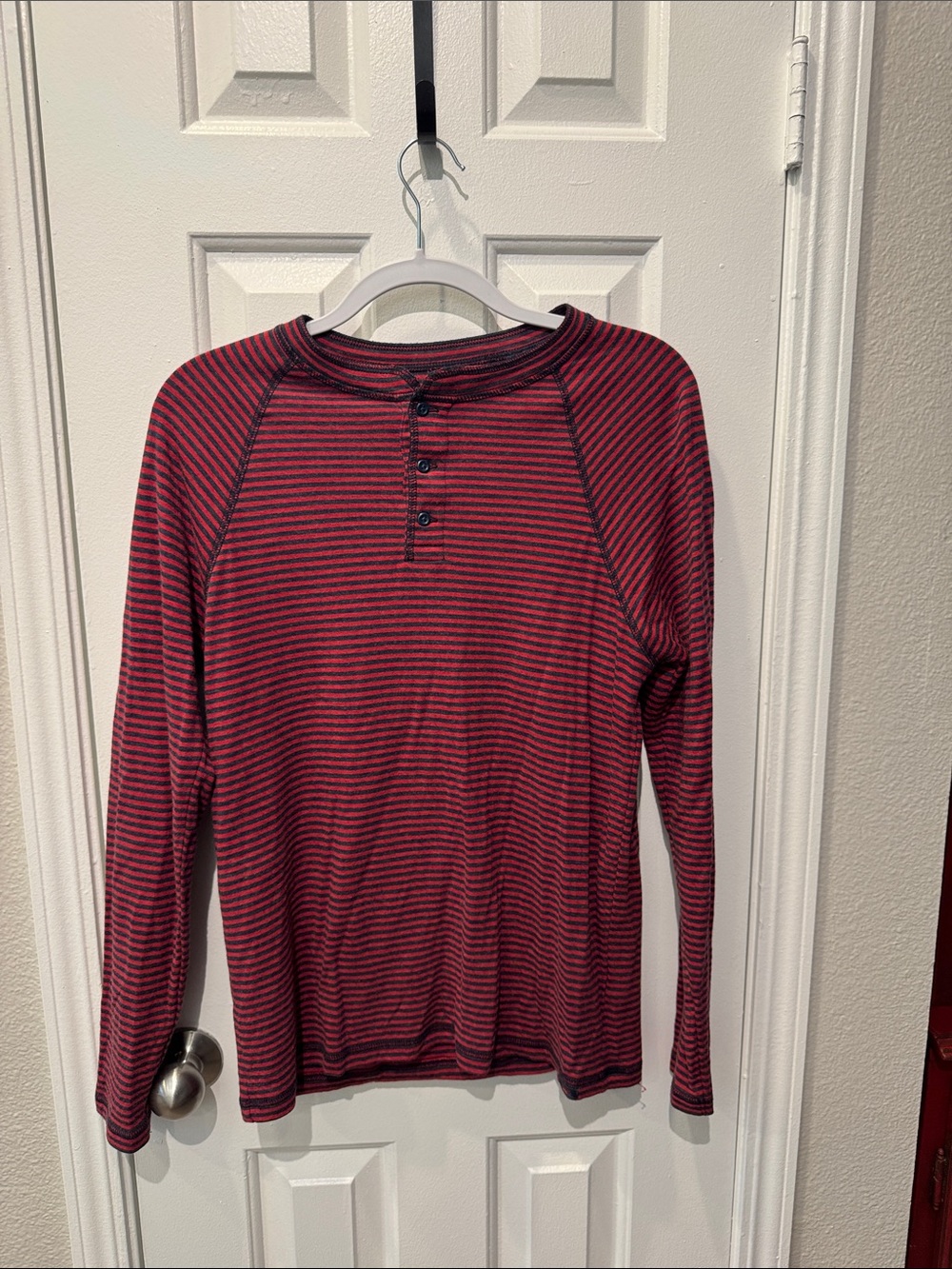 Faherty Burgundy and Blue Striped Henley Long-Sleeve